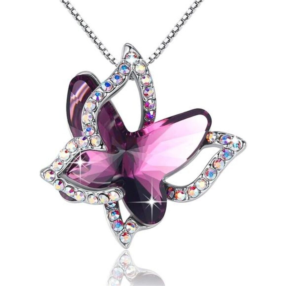 Butterfly birthstone necklace for women silver tone crystal pendant gift jewelry